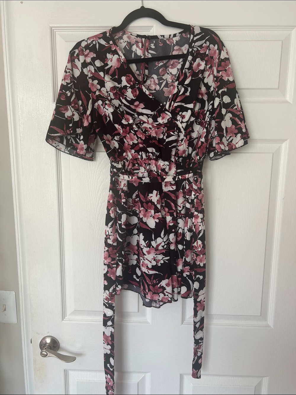 Black Floral Tie-Waist Mini Romper with Pink & White Blooms